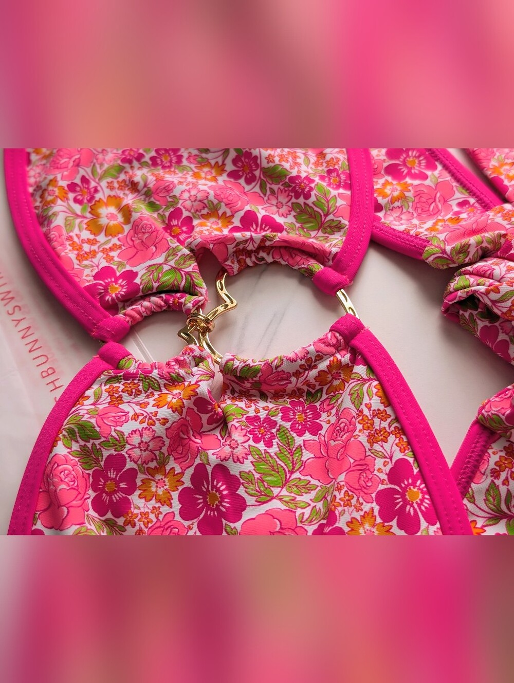 NWT Beach Bunny Ella Floral Bikini Set Pink Bandeau Heart Hardware Small - Picture 5 of 10